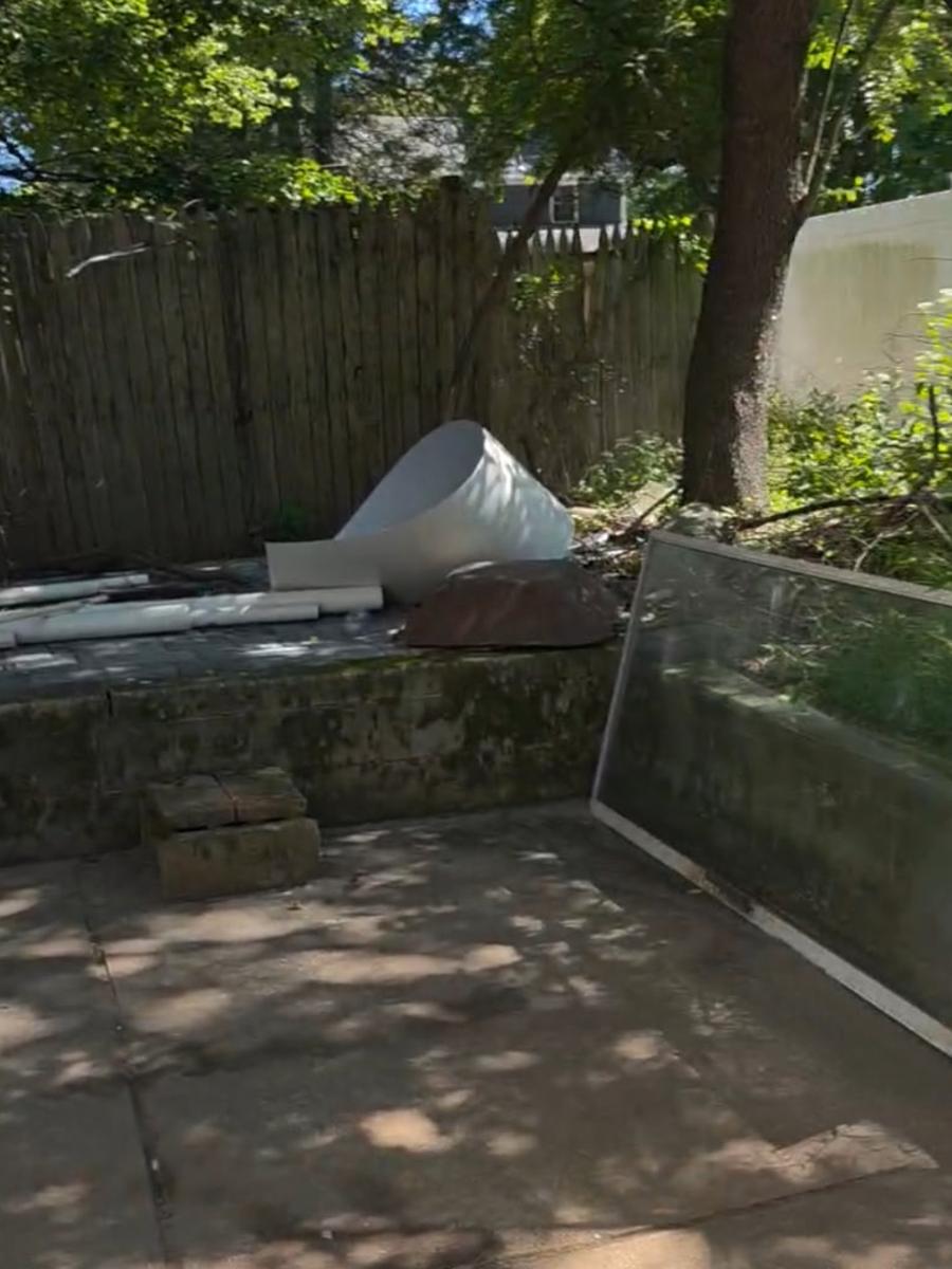 Before: cluttered backyard with a mossy, crumbling block wall